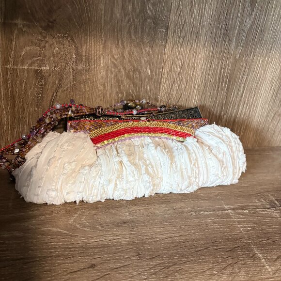 MARY FRANCIS White rusched handbag trimmed in multi color beads NWOT - Picture 4 of 6